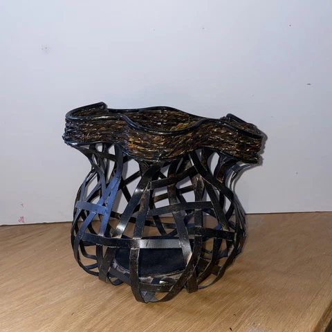 Unique Asymmetrical Woven Metal Basket Bowl - 8in tall Cover