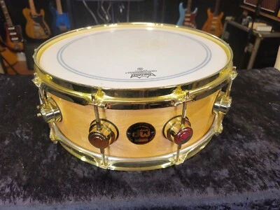 DW Craviotto 14x5.5 Solid Shell Maple Snare A Drum Signed Signature 1999 Gold  - Image 1 of 4
