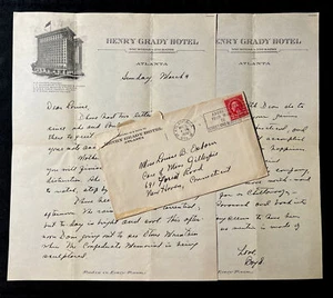 1930 Lettera HOTEL ATLANTA GEORGIA Henry Grady con busta grande vignetta - Foto 1 di 11