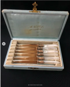 Silver knife set with mother-of-pearl handles, Art Nouveau, Swiss Manufakturoû A - Picture 1 of 10