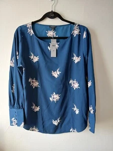 Ann Taylor Sz LP Blouse Navy Blue Floral  Button Tab Sleeves Chiffon Career Top  - Picture 1 of 9