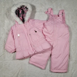 Girls London Fog 12 Months Snowsuit Puffer Coat Overall Bib Pants Pink Winter - Picture 1 of 20