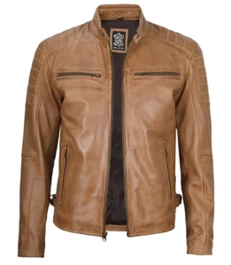 Men's Camel Cafe Racer Leather Jacket Rugged Style Meets Timeless Sophistication - Picture 1 of 4