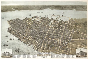 1872 Mapa histórico Charleston Carolina del Sur Póster artístico vista panorámica de aves - Imagen 1 de 2