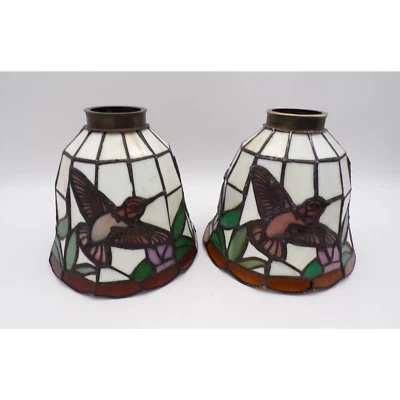 2 Vintage Slag Glass Stained Glass Pendant Lamp Shades 6" Filigree Hummingbirds Foto 1 de 4