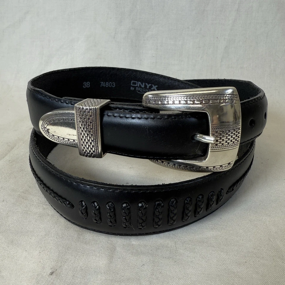 Cinturón de cuero de ónix vintage Brighton para hombre 74803 talla 38 hebilla tono plata negro Foto 1 de 4