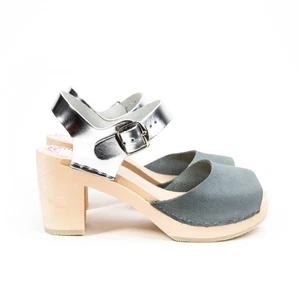 Zuecos Visby suecos hechos a mano LILI & LALA cuero plateado y gris talla 10 de EE. UU. - Imagen 1 de 10
