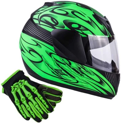 Casco de motocicleta verde mate para niños cara completa niños DOT guantes juveniles combo Foto 1 de 4