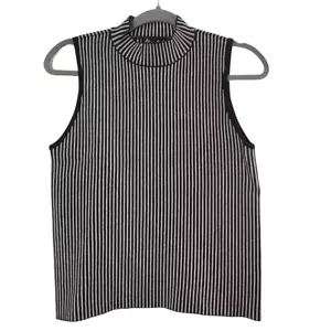 Marled Striped Sleeveless Sweater Ivory/Black Sz M Classic Casual Office - Picture 1 of 12