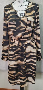 Mossimo Shirt Dress Women's M Black Tan Animal Print Belted Cinch Waist V Neck - Picture 1 of 8