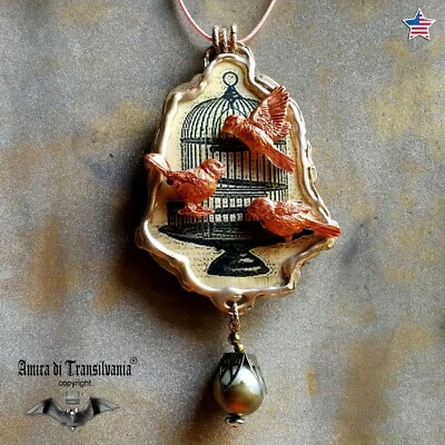 jewelry woman fashion necklace gothic pendant art deco bird cage amulet layered  - Image 1 of 4