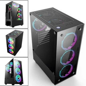 Mid Tower ATX Gaming Computer PC Case RGB LED Tempered Glass 6x Halo Ring Fans - Picture 1 of 10