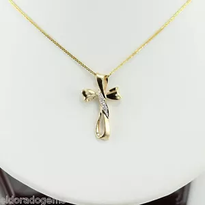 NECKLACE 0.06 CT. DIAMOND CROSS PENDANT 14K YELLOW GOLD 16 INCHES MADE IN ITALY - Picture 1 of 6