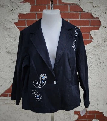 18W New $78 Women MACY'S Ruby Rd. black embellished Rhinestones denim jacket - Image 1 of 4