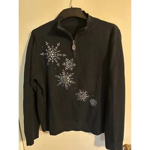 Christine Alexander Snowflake Quarter Zip Sweater Embellished Black Large - Picture 1 of 10