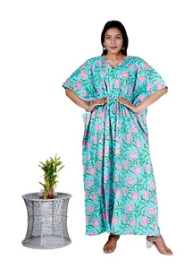 Indian Turquoise Floral Printed Long Pure Cotton Kaftan Dress Night Maxi Gown US - Picture 1 of 1
