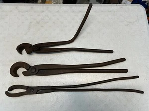 Lot of 3 Vintage Forged Blacksmith Tools; Tongs; Pincers Pliers; Forge Tools - Picture 1 of 10