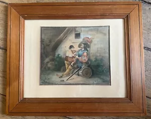 aquarelle charmante scène de genre mousquetaire et sa fille dédicacée datée 1807 - Photo 1/11