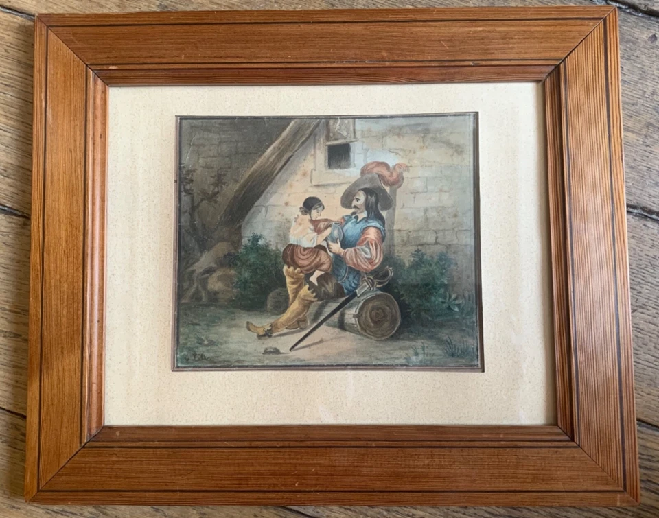 aquarelle charmante scène de genre mousquetaire et sa fille dédicacée datée 1807 - Photo 1/4