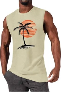 Mens Summer Beach Tank Top Tropical Hawaiian Palm Tree Print Sleeveless Shirt - Picture 1 of 25