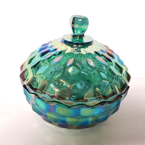 Indiana Glass Whitehall Green Iridescent Carnival Glass Candy Dish With Lid - Picture 1 of 9