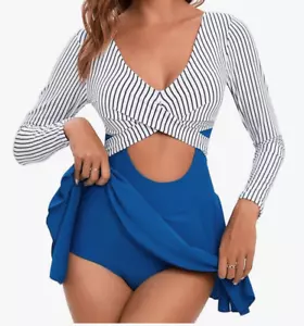 NESY Long Sleeve Rash Guard V Neck One Piece Swim Dress UPF 50+. Size Small. NWT - Picture 1 of 8