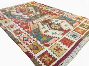 Alfombras de sala de estar marrón roja de lana kilim diseño geométrico dos tamaños - Imagen 1 de 24