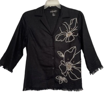 REQUISITOS Blusa para mujer mezcla de lino negra con cuentas botones bordado mediano Foto 1 de 4