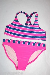 Girls TWO PIECE Swimsuit HOT PINK NAVY BLUE STRIPES Bikini L 10-12 - Picture 1 of 2