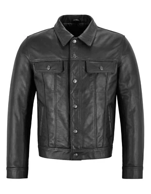 Men's Western Trucker Leather Jacket Black Cowhide Classic Leather Shirt Jacket - Image 1 of 4