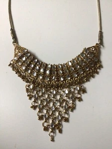 Gold Tone Metal Filigree Diamante Indian Necklace Wedding Bollywood - Picture 1 of 4