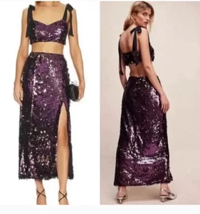 Free People Stern hell Pailletten zweiteiliges bauchfreies Oberteil & Midirock, flieder, Gr. O neu mit Etikett - Bild 1 von 6