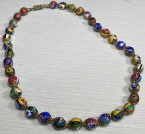 Vintage Italy Murano Millefiore Round Glass Bead Necklace Black Multi Color 16” - Picture 1 of 4
