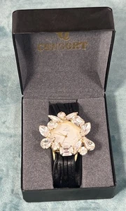 Vintage 80er Jahre Größe Uhrenarmband Schwarz Leder Strass Kristalle Gold Glam NOS - Bild 1 von 20