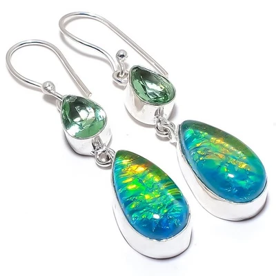 Triplet Fire Opal Gemstone Handmade 925 Sterling Silver Jewelry Earring 2.2" - Image 1 of 4