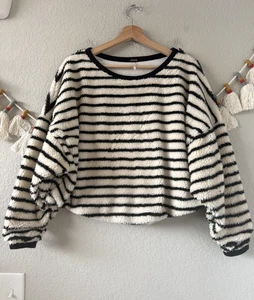 Free People Breton Striped Fuzzy Knit Pullover Boxy Sweater Cozy Relax Lounge S - Picture 1 of 8