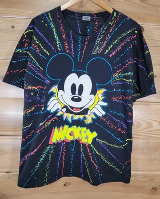 VTG Disney Mickey Mouse Paint Splatter Neon Colors T-Shirt Men Large 90's - Image 1 of 4