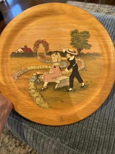 Vintage Tole bemalt Volkskunst primitiv Kinder romantisch viktorianisch Holz Teller - Bild 1 von 6