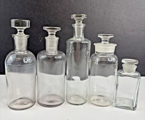 3 Antique Pharmacy Apothecary Glass Medicine Bottles w/ Stoppers W.T Co & more - Picture 1 of 19