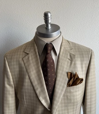 Blazer Henry Jacobson Beige Sobre Beige Diseño a Cuadros, Seda y Lana A Medida a Mano 44L Foto 1 de 4