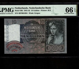 Netherlands 10 Gulden 1942 P-56b * PMG Gem Unc 66 EPQ * Nice Serial 004494 * - Picture 1 of 2