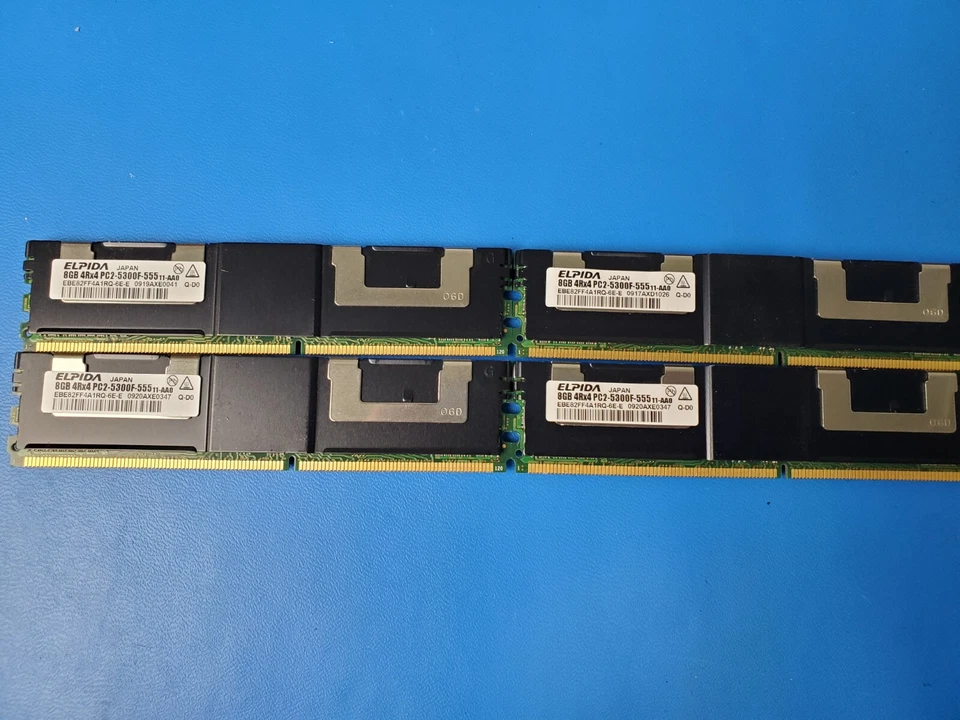 Lot of 4 Elpida 8GB 4Rx4 PC2-5300F-555 11-AA0 EBE82FF4A1RQ-6E-E (32 GB Total) - Image 1 of 2