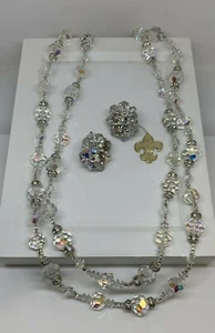 Vintage Vendome Aurora Borealis Crystal Necklace & Clip Earring Set Never Worn - Picture 1 of 6