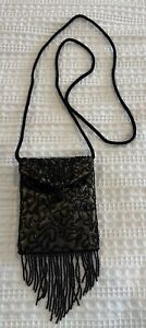 Beaded Evening Bag Clutch Purse Handbag Black Gold 5”x4.25”