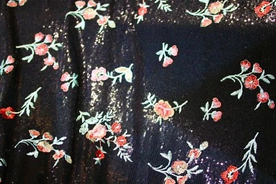 EMBROIDERED FLORAL LACE FABRIC W/ BEAD SPARKLE BLACK RED ROSES 56" WIDE BY YARD - Image 1 of 4