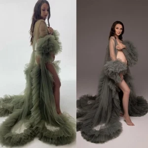 Women's Robes Tulle Ruffles Baby Shower Maternity Star Dresses Photo Shoot Gown - Picture 1 of 10