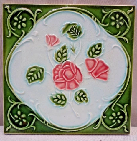 Antique Tile Majolica Japan Dk Ceramic Floral Motif Pink Rose Architecture "217 Cover