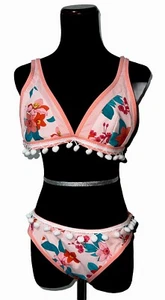 CUPSHE Bikini Set 2PC  XL TOP Double Straps /L BOTTOMS Floral Cloral PomPom Trim - Picture 1 of 17