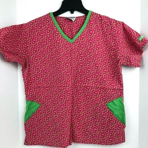 Landau Size M Scrub Top Pink Circles Green Trim Medical Nurse Medium - Picture 1 of 4