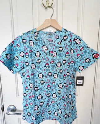 NEW Dickies Penguin Heart Cotton Scrub Top NWT S Winter Aqua Blue - Image 1 of 4